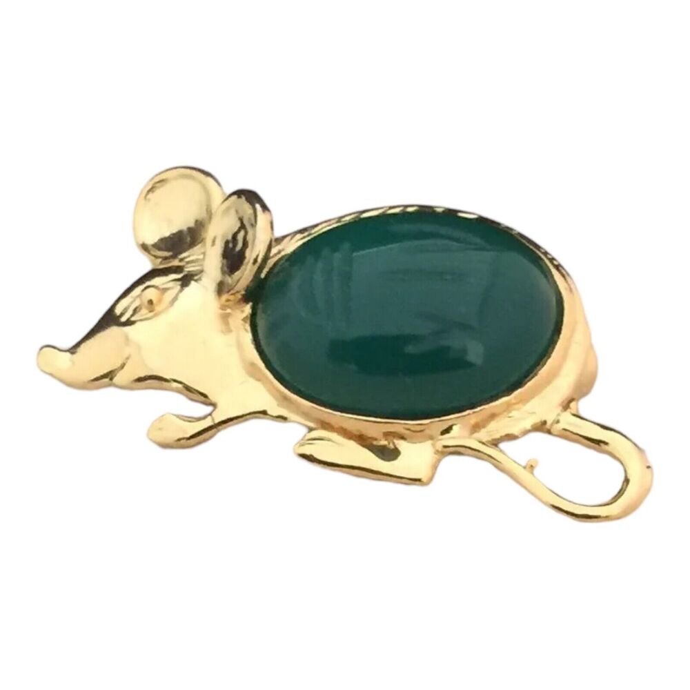Vintage 1980s Mouse Brooch Green Onyx Scarab Cabochon Gold Plated - 7L